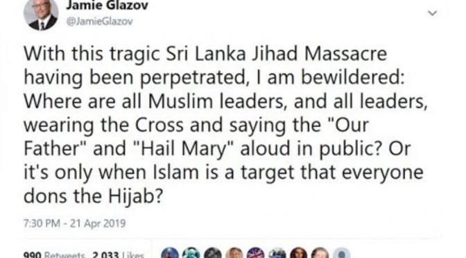 Glazov Moment: Twitter Warns Me About Sri Lanka Jihad Tweet